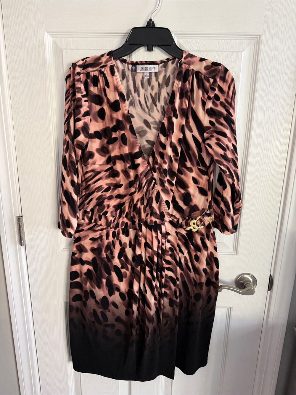 Jennifer Lopez Pink and Black Leopard-Print Midi Dress